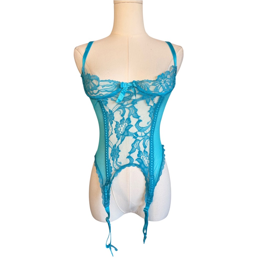 Fredericks of Hollywood Turquoise Blue Lace Garter Bodysuit Lingerie Small 50344